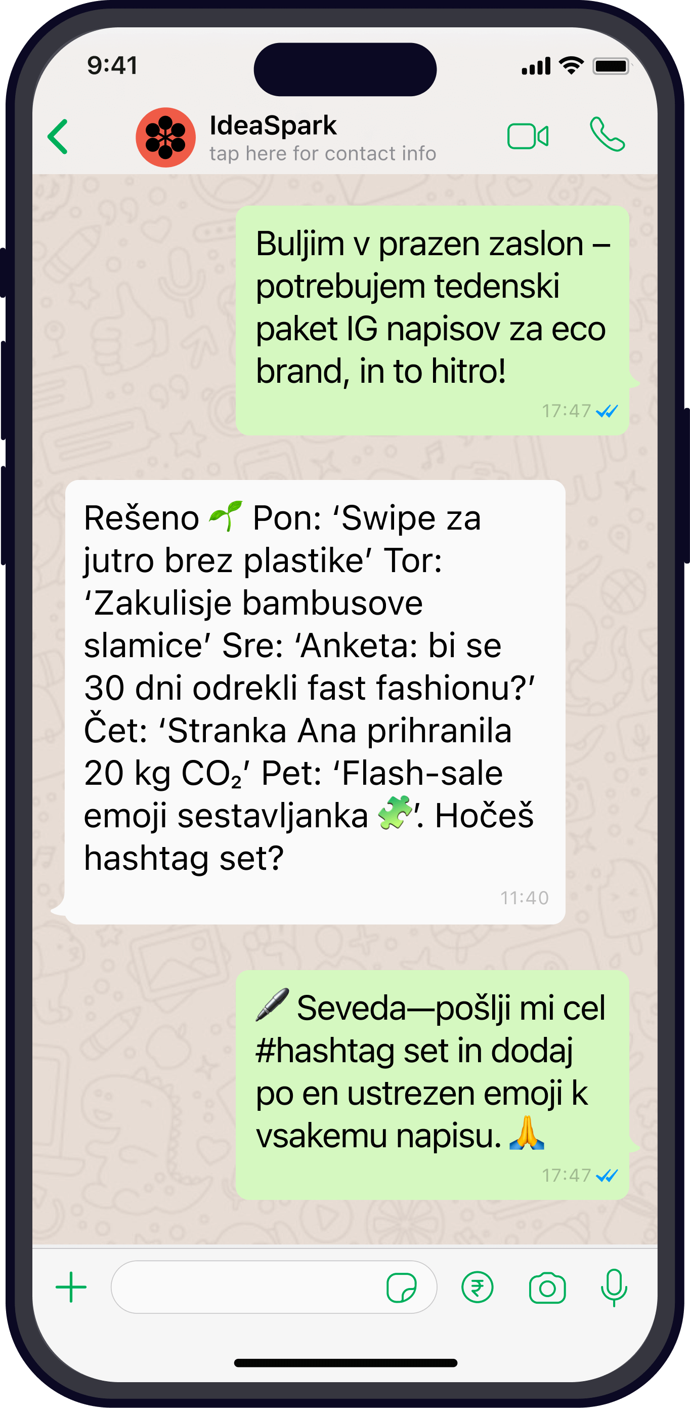 Posnetek chata, kjer IdeaSpark v 10 sekundah vrne 3 ideje